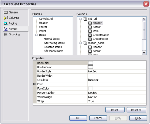 C1WebGrid Property Builder (Format properties)