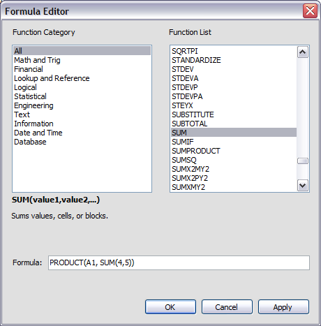 Spread Designer Formula Editor