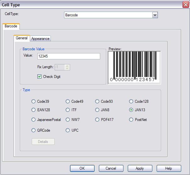 Spread Designer Cell Type Dialog Button Tab