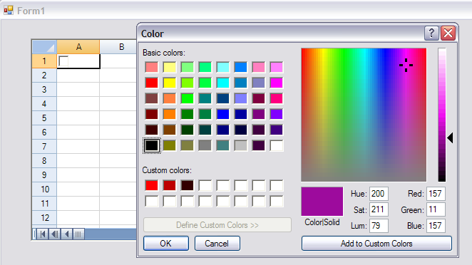 Pop-up color dialog for color picker cell