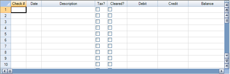 Checkbook register with cell types set