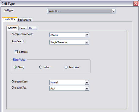 Spread Designer Cell Type Dialog Combo Box Tab