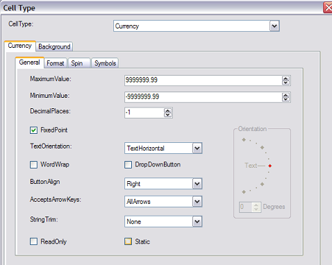 Spread Designer Cell Type Dialog Currency Tab