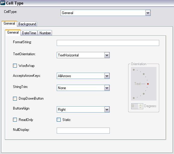 Spread Designer Cell Type Dialog General Tab