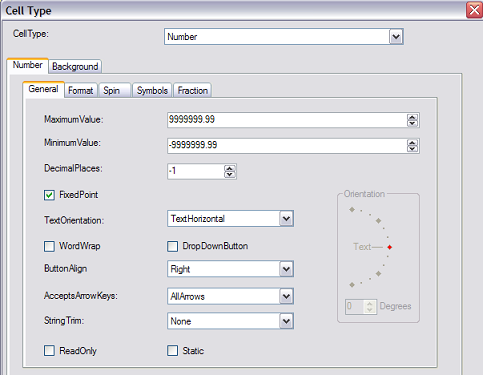 Spread Designer Cell Type Dialog Number Tab