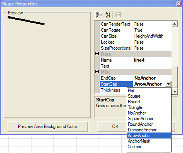 Spread Designer Shape Properties Dialog with Arrow Head Menu