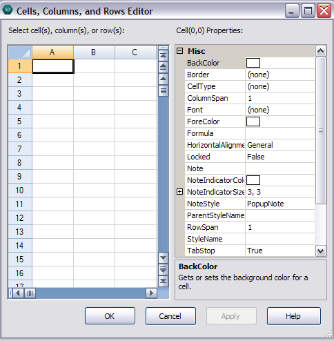 Cells, Columns, Rows Editor dialog