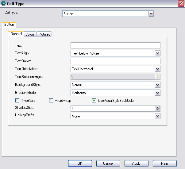 Spread Designer Cell Type Dialog Button Tab