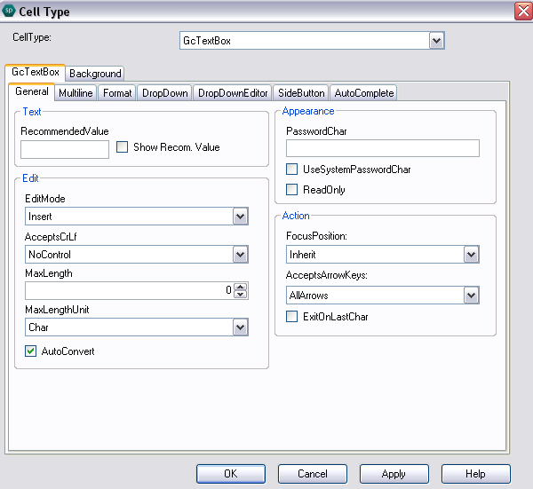 Spread Designer Cell Type Dialog Text Tab