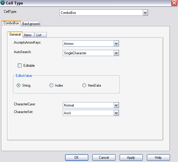 Spread Designer Cell Type Dialog Combo Box Tab