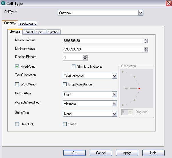 Spread Designer Cell Type Dialog Currency Tab