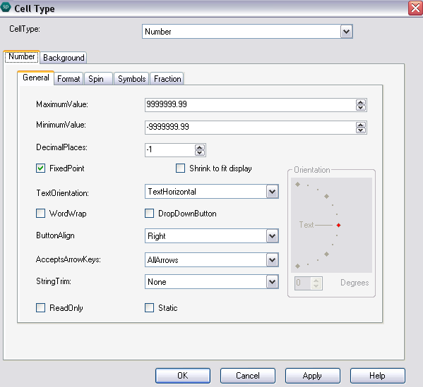 Spread Designer Cell Type Dialog Number Tab