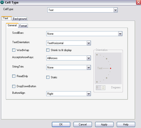 Spread Designer Cell Type Dialog Text Tab