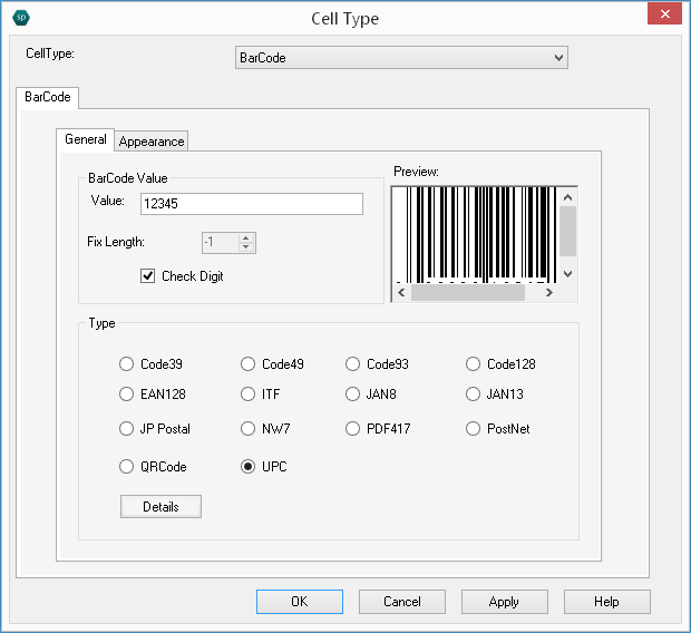 Spread Designer Cell Type Dialog Button Tab