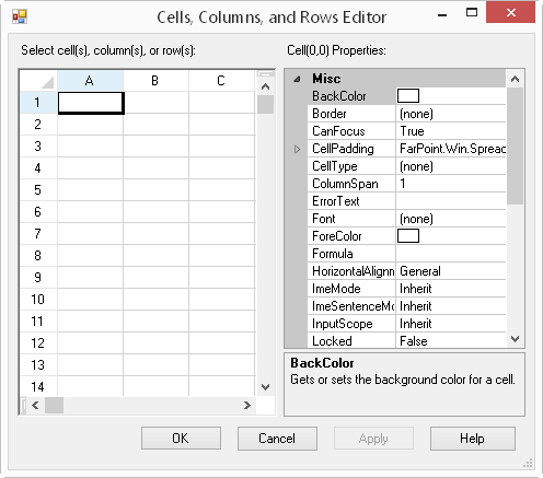 Cells, Columns, Rows Editor dialog