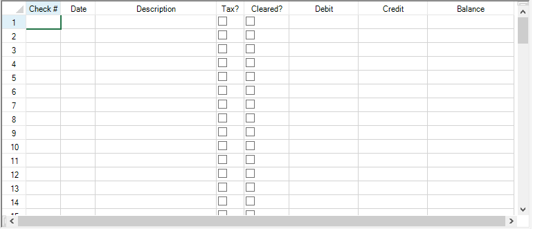 Checkbook register with cell types set