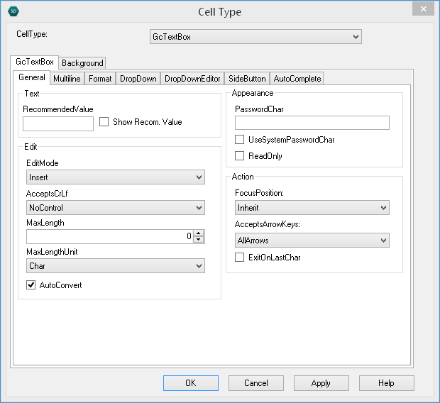 Spread Designer Cell Type Dialog Text Tab