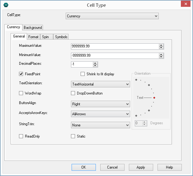 Spread Designer Cell Type Dialog Currency Tab