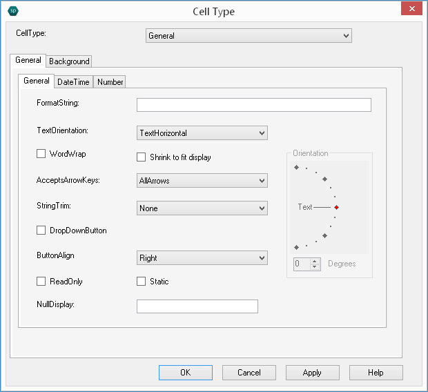 Spread Designer Cell Type Dialog General Tab