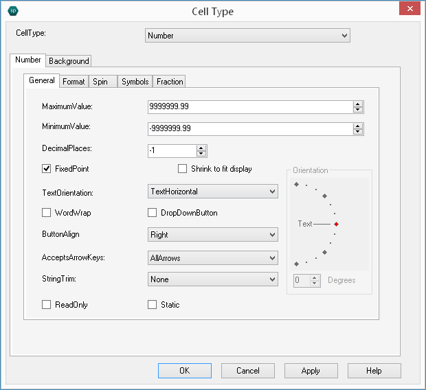 Spread Designer Cell Type Dialog Number Tab