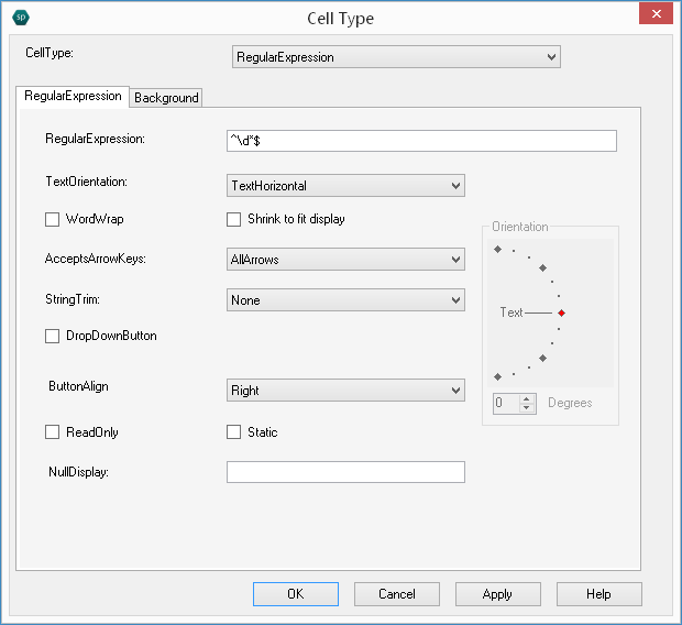 Spread Designer Cell Type Dialog Regular Expression Tab