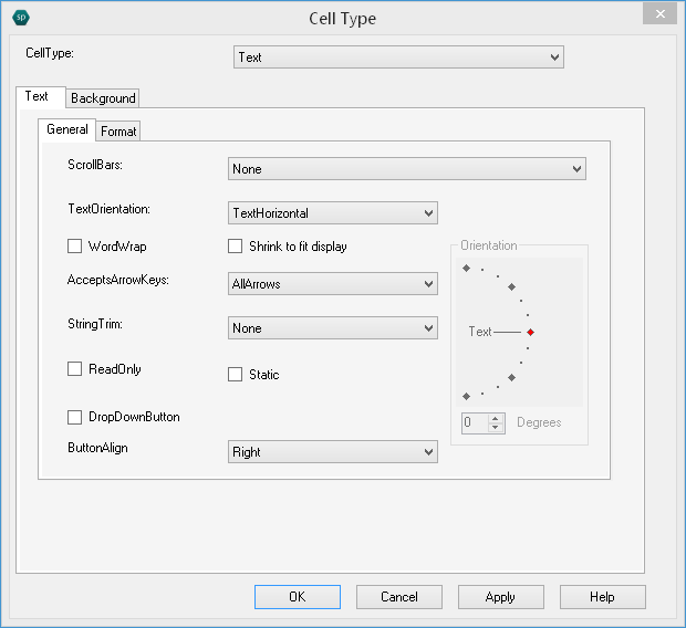 Spread Designer Cell Type Dialog Text Tab