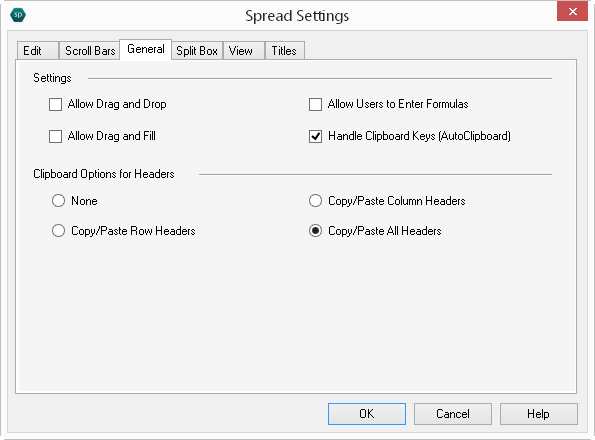 Spread Designer Spread Settings Dialog