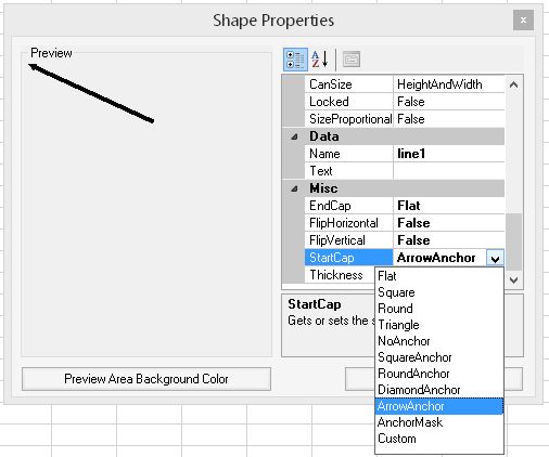 Spread Designer Shape Properties Dialog with Arrow Head Menu