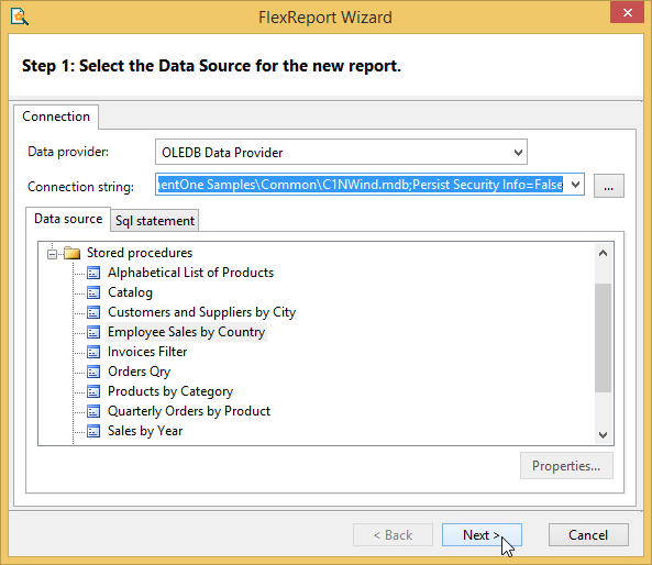 FlexReport Wizard showing Stored Procedures