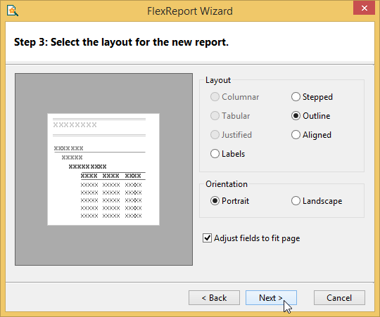 Selecting Layout in FlexReport Wizard