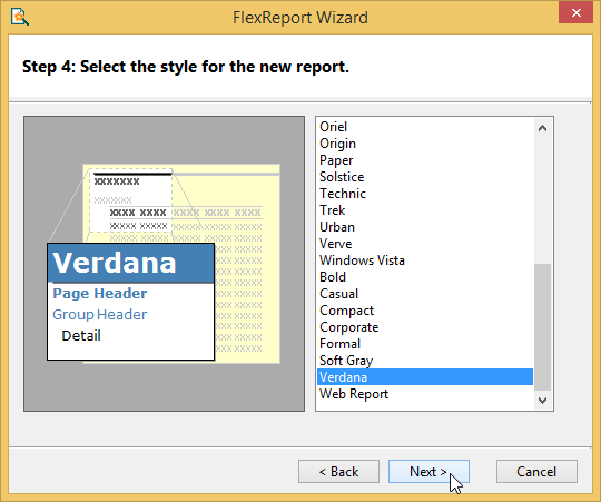 Selecting Style in FlexReport Wizard