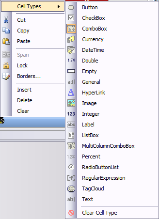 Spread Designer Cell Types context menu