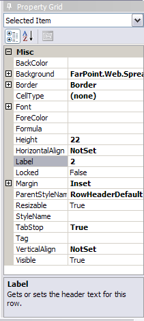 Spread Designer Property Grid with Row Properties