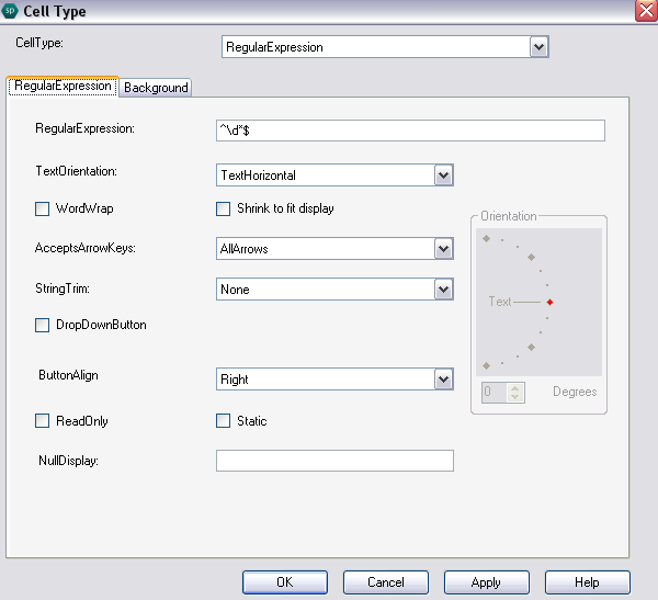 Spread Designer Cell Type Dialog Regular Expression Tab
